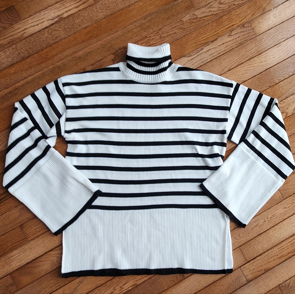 Women’s Black & White Striped Turtleneck Sweater